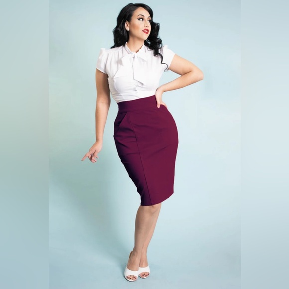 Heart of Haute Princess Pencil Skirt- Burgundy - Picture 1 of 4